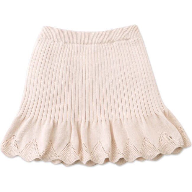 Mia Ribbed Knitted Skirt With Scalloped Pointelle Flutter Hem, Beige