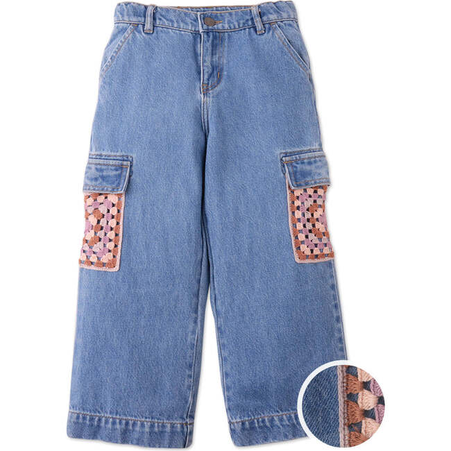 Vivienne Denim Cargo Pants With Multicolor Crochet Pockets, Blue