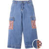 Vivienne Denim Cargo Pants With Multicolor Crochet Pockets, Blue - Pants - 1 - thumbnail
