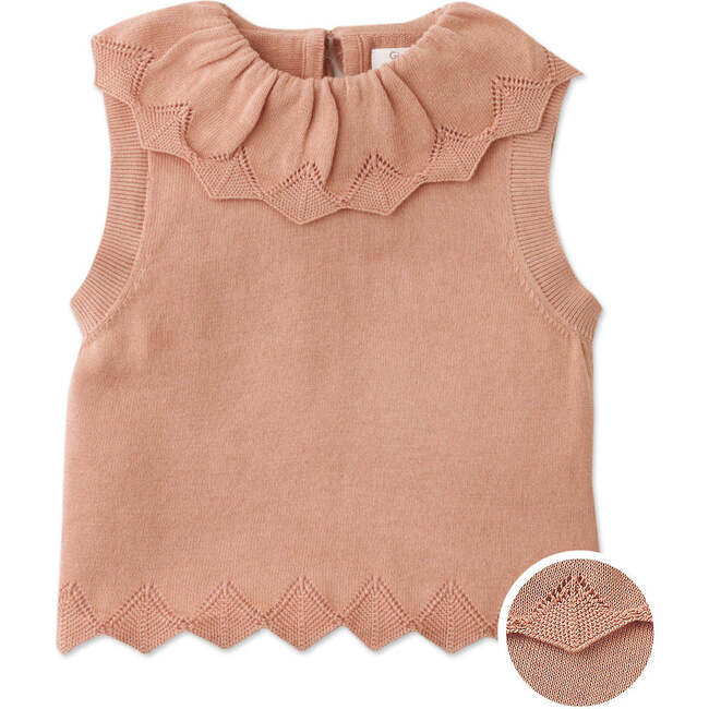 Mariel Knitted Vest With Scalloped Pointelle Neck & Hem, Tan