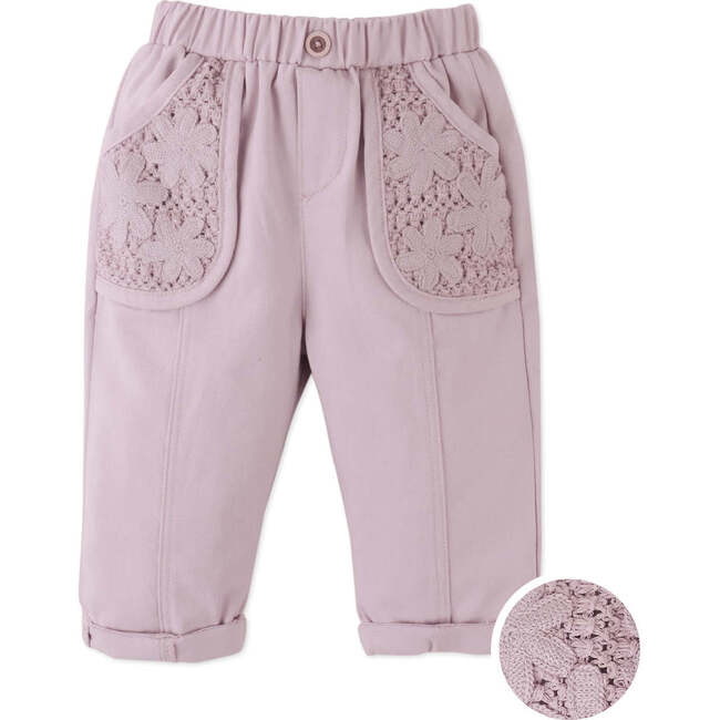 Baby Melody Soft Twill Pants With Mesh Pockets & Crochet Flower Appliques, Pink