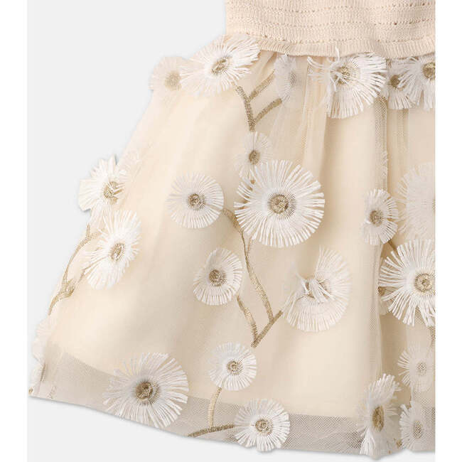 Baby Jade Crochet-Like Style Knitted Top & Flower Embroidered Tulle Dress, Beige - Dresses - 4