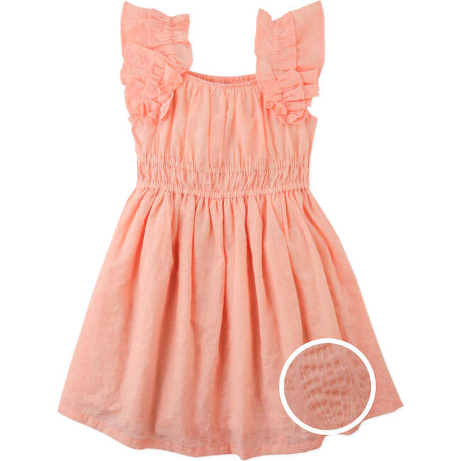 Yuno Floral Textured Smocked Waist Dress With Ruffle Sleeves, Peach