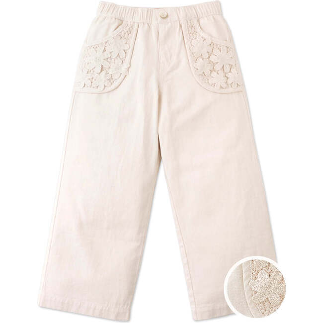 Daisy Wide Leg Pants With  Floral Appliqued Pocket, Beige