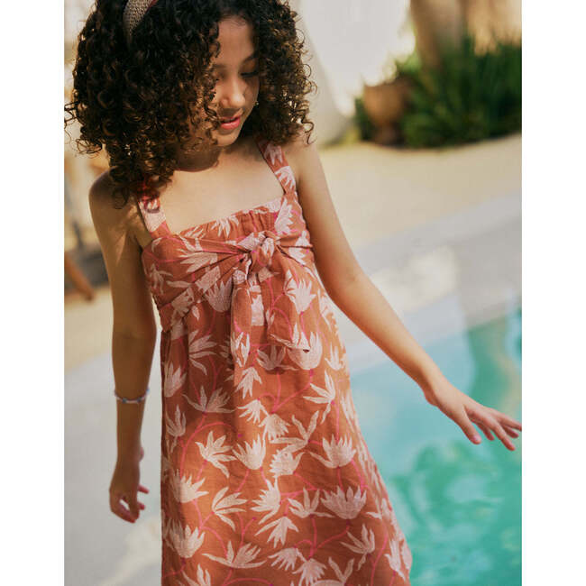 Katrina Printed Strappy Dress With Woven Ties, Brown