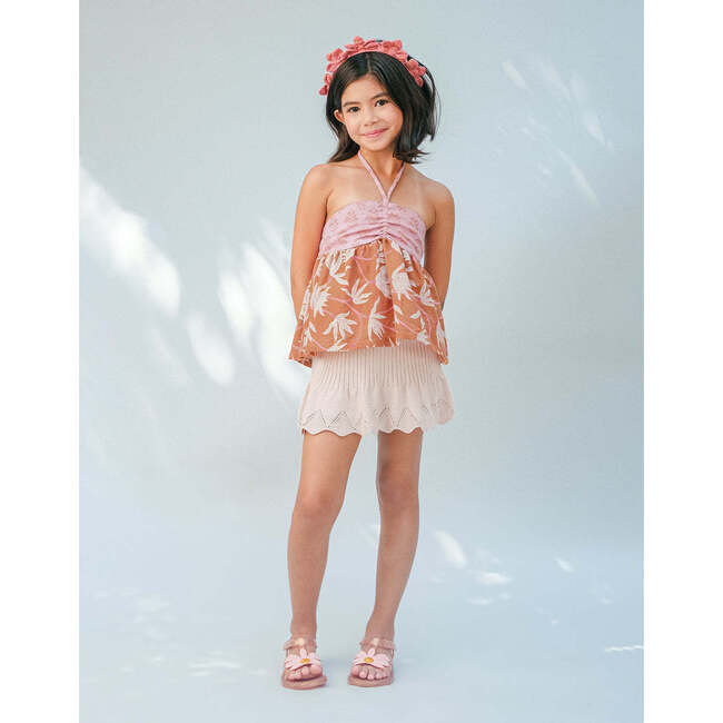 Mia Ribbed Knitted Skirt With Scalloped Pointelle Flutter Hem, Beige - Skirts - 3