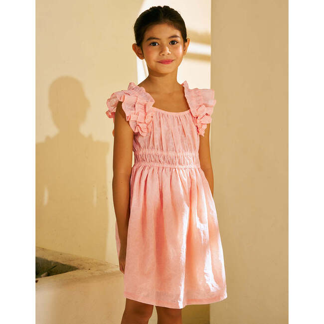 Yuno Floral Textured Smocked Waist Dress With Ruffle Sleeves, Peach - Dresses - 2