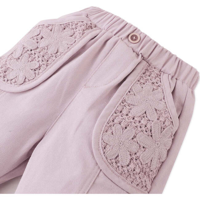 Baby Melody Soft Twill Pants With Mesh Pockets & Crochet Flower Appliques, Pink - Pants - 2