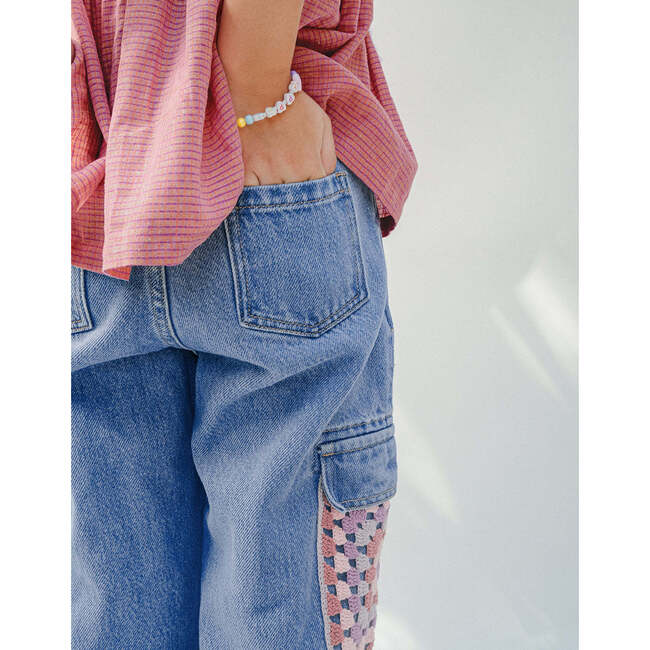 Vivienne Denim Cargo Pants With Multicolor Crochet Pockets, Blue - Pants - 4