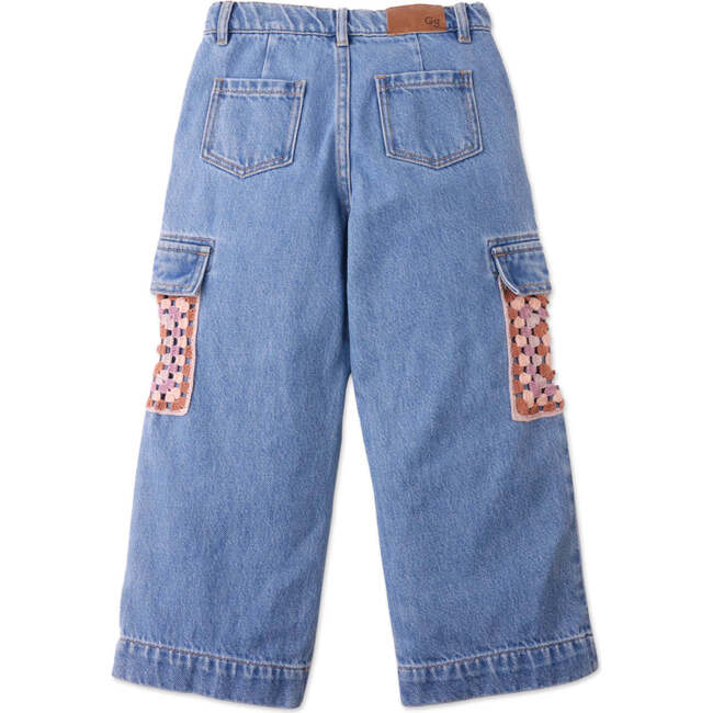 Vivienne Denim Cargo Pants With Multicolor Crochet Pockets, Blue - Pants - 5