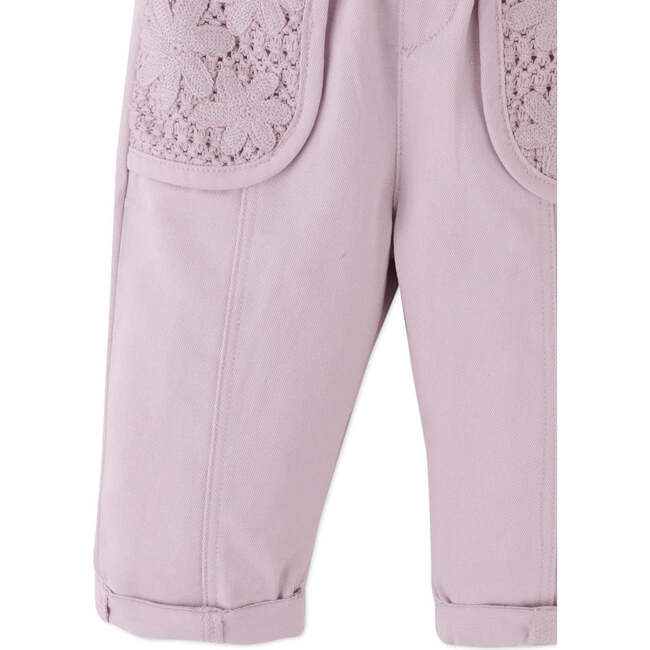 Baby Melody Soft Twill Pants With Mesh Pockets & Crochet Flower Appliques, Pink - Pants - 3