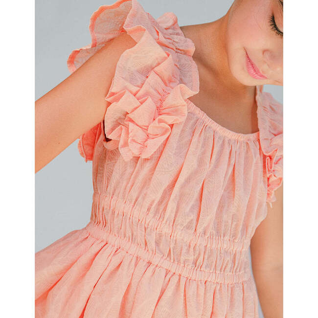 Yuno Floral Textured Smocked Waist Dress With Ruffle Sleeves, Peach - Dresses - 4
