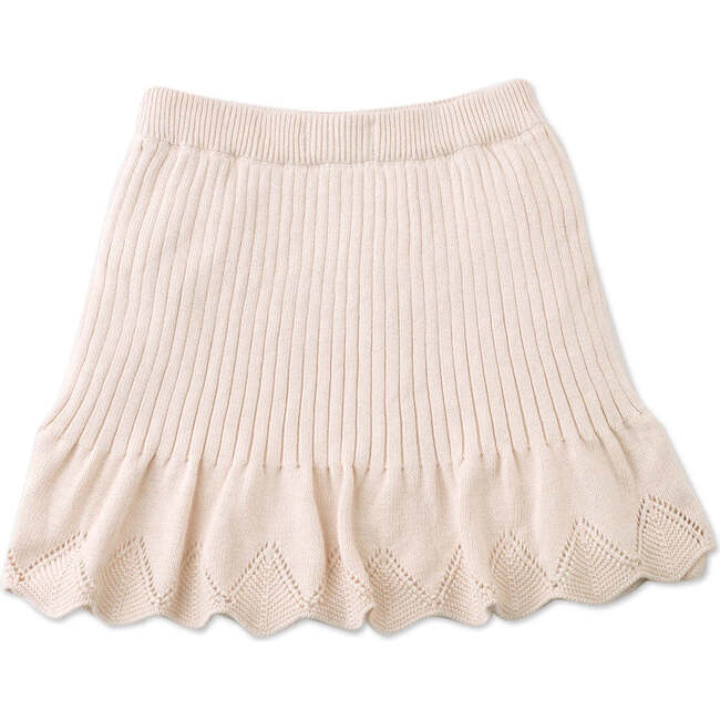 Mia Ribbed Knitted Skirt With Scalloped Pointelle Flutter Hem, Beige - Skirts - 6
