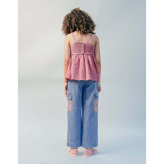 Vivienne Denim Cargo Pants With Multicolor Crochet Pockets, Blue - Pants - 6