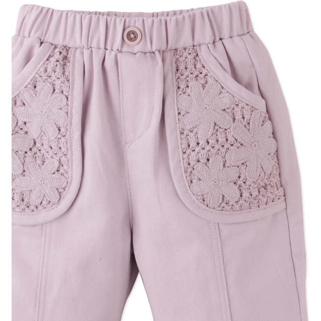 Baby Melody Soft Twill Pants With Mesh Pockets & Crochet Flower Appliques, Pink - Pants - 4