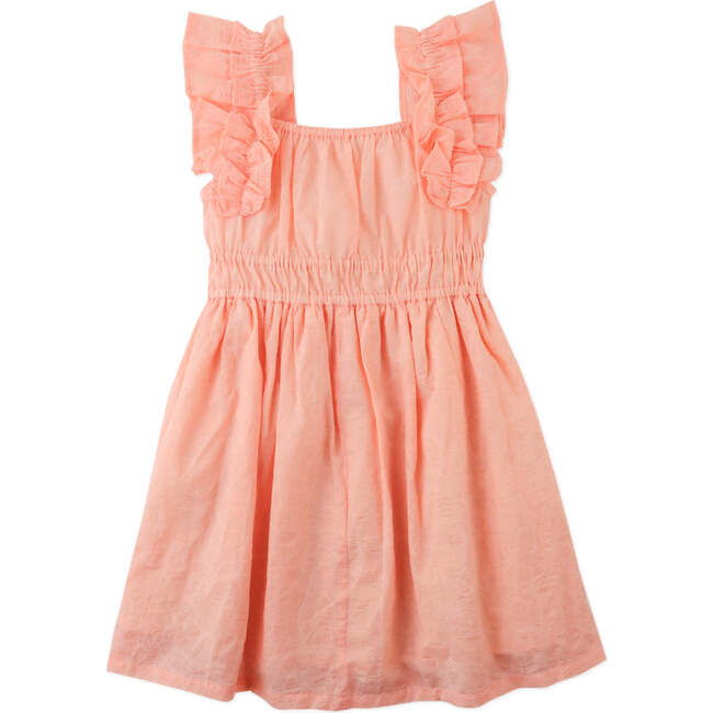 Yuno Floral Textured Smocked Waist Dress With Ruffle Sleeves, Peach - Dresses - 6