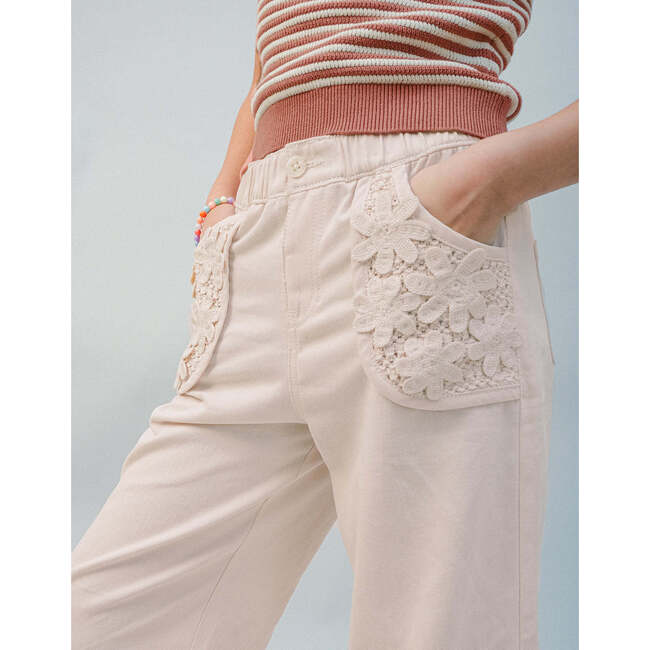 Daisy Wide Leg Pants With  Floral Appliqued Pocket, Beige - Pants - 4