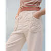 Daisy Wide Leg Pants With  Floral Appliqued Pocket, Beige - Pants - 4