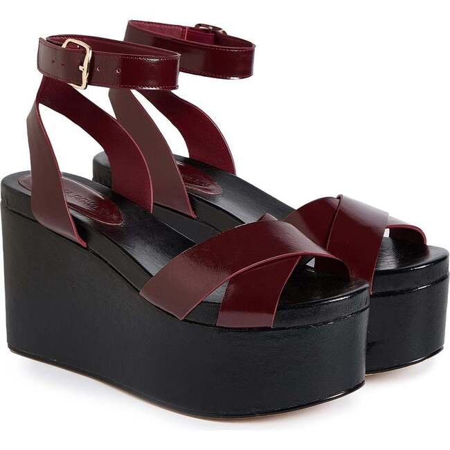 Lisse Leather Wedge Sandals, Black/Burgundy