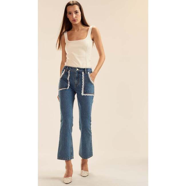 Cotton Trim High Waist Jeans, Blue