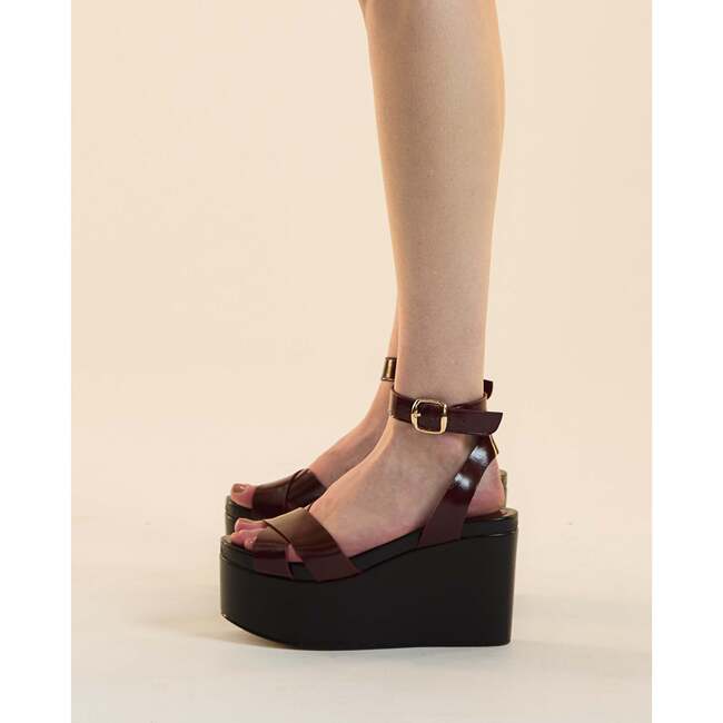 Lisse Leather Wedge Sandals, Black/Burgundy - Sandals - 3