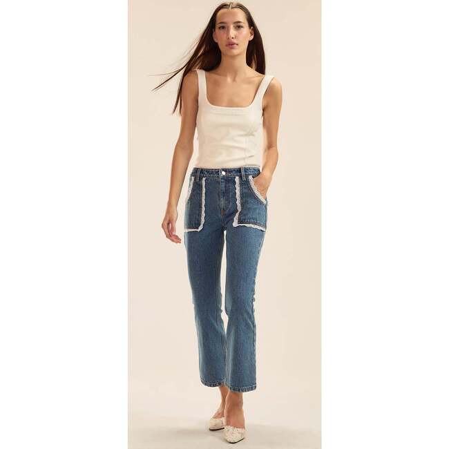 Cotton Trim High Waist Jeans, Blue - Jeans - 3