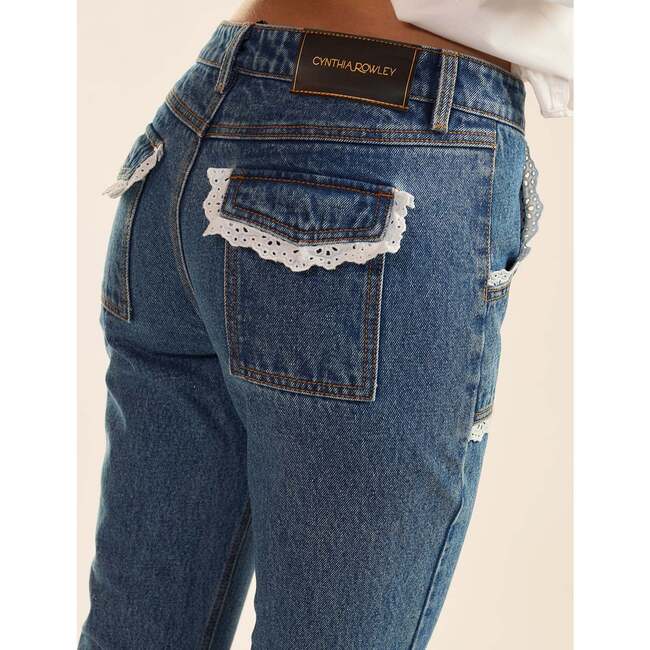Cotton Trim High Waist Jeans, Blue - Jeans - 4