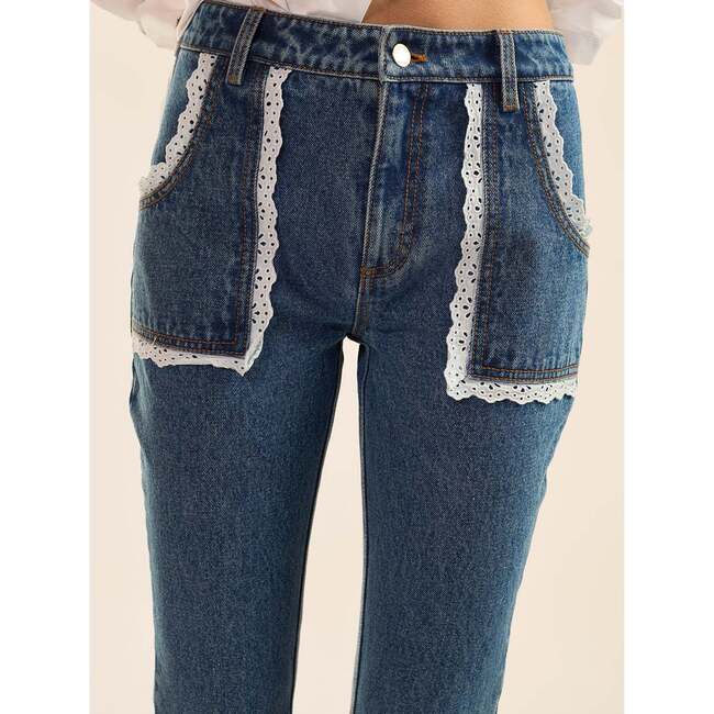 Cotton Trim High Waist Jeans, Blue - Jeans - 5