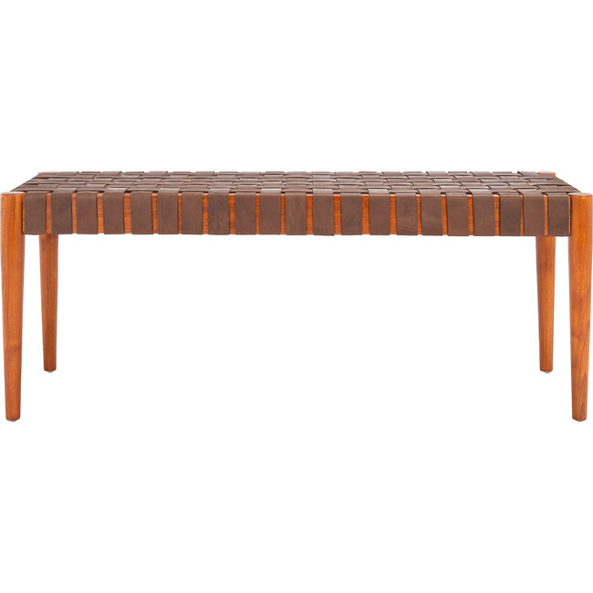 Amalia Leather Weave Bench, Cognac