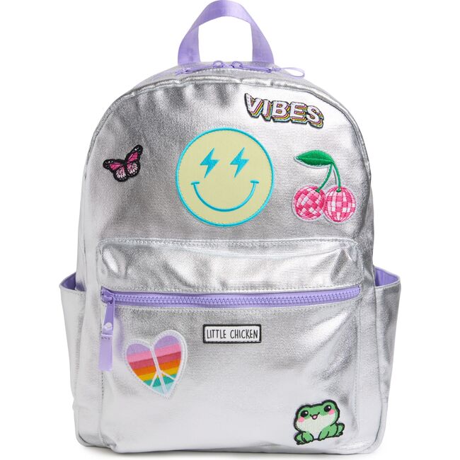 Kids' Backpack, Silver Canvas With Patches