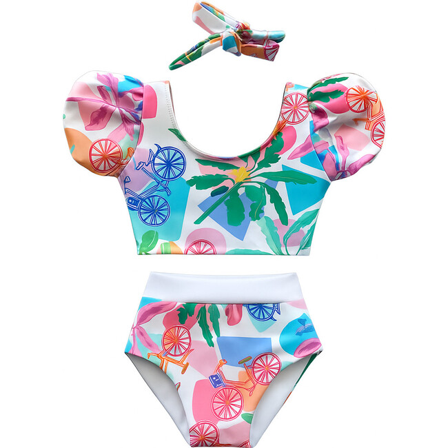 Lola Puff Sleeve High-Waist Two-Piece Swimsuit & Hair Band Set, Puerto Viejo