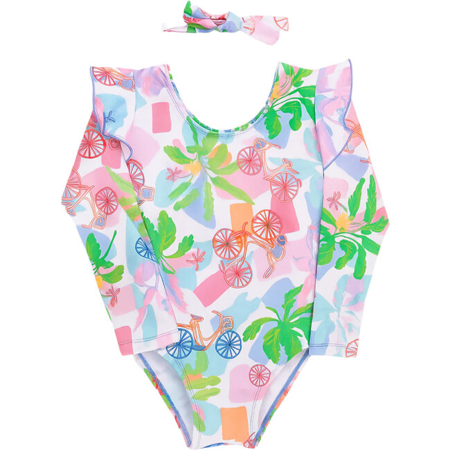 Mari Ruffles Long Sleeve One-Piece Swimsuit & Hair Band Set, Puerto Viejo