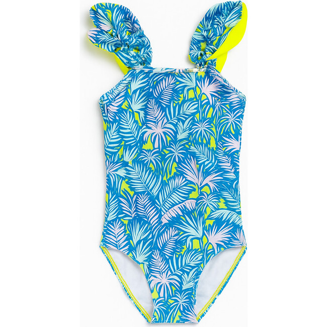 Lexi Palm Neon Print Ruffle Shoulder UPF 50+ One-Piece Swimsuit, Multicolors