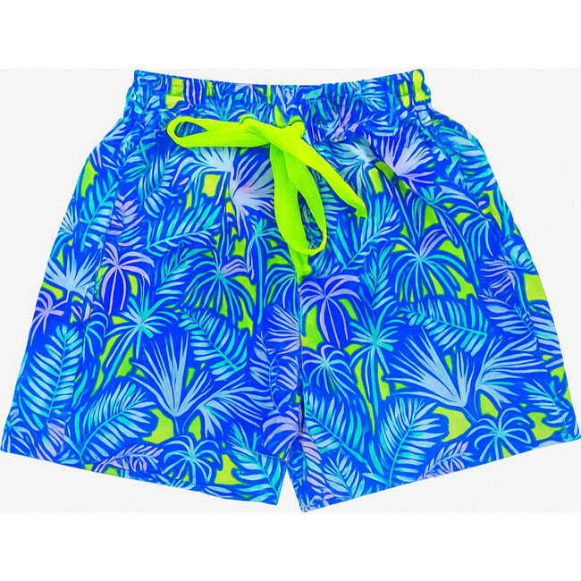 Gui Palm Neon Print Elastic Waist Drawstring Swim Trunks, Multicolors