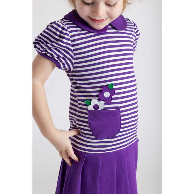 Stripe Knit Pleated Dress With Flowers - Dresses - 2