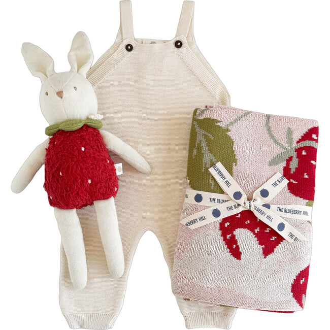Strawberry Blanket Bunny Plush Toy Cream Overalls Gift Set Organic Cotton
