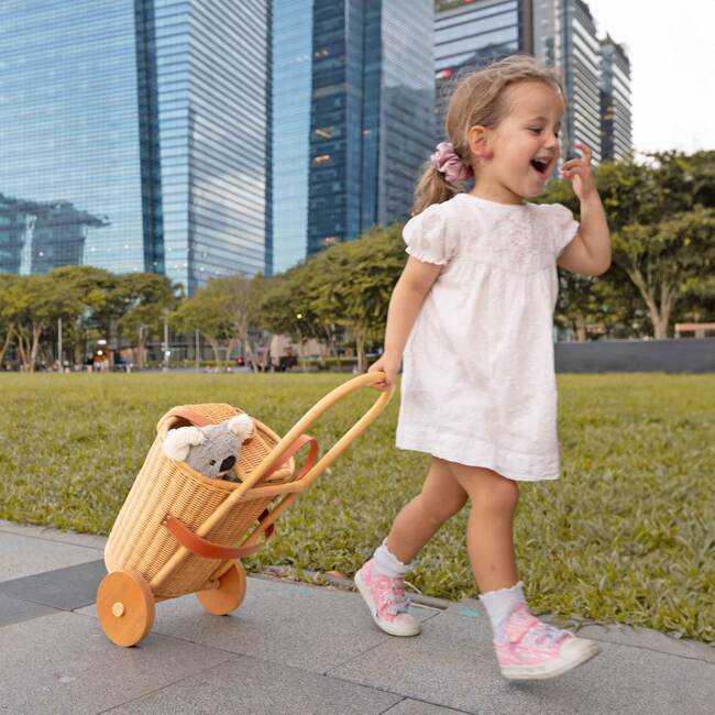 Eric Handcrafted Rattan Shopping Trolley With Detachable Tote Bag & Wooden Wheels, Natural - Push & Pull - 2