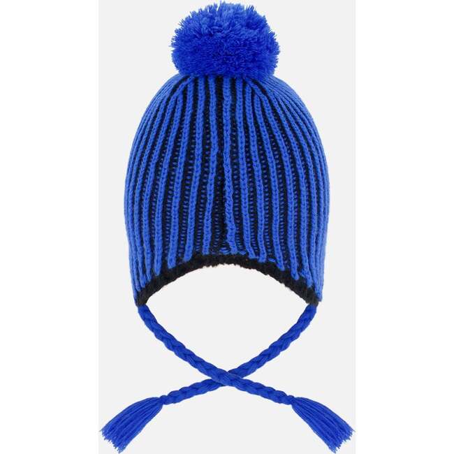 Winter Peruvian Knit Hat with Pompom and Lining, Black and Blue - Winter Hats - 4