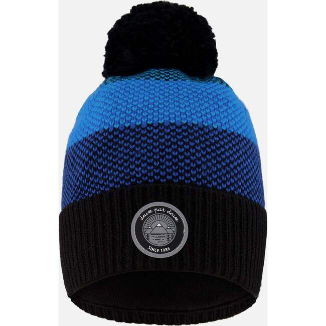 Winter Knit Hat with Pompom and Lining, Black and Blue