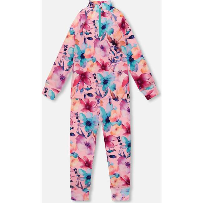 Two-Piece Thermal Underwear Set, Pink Watercolor Flower Print