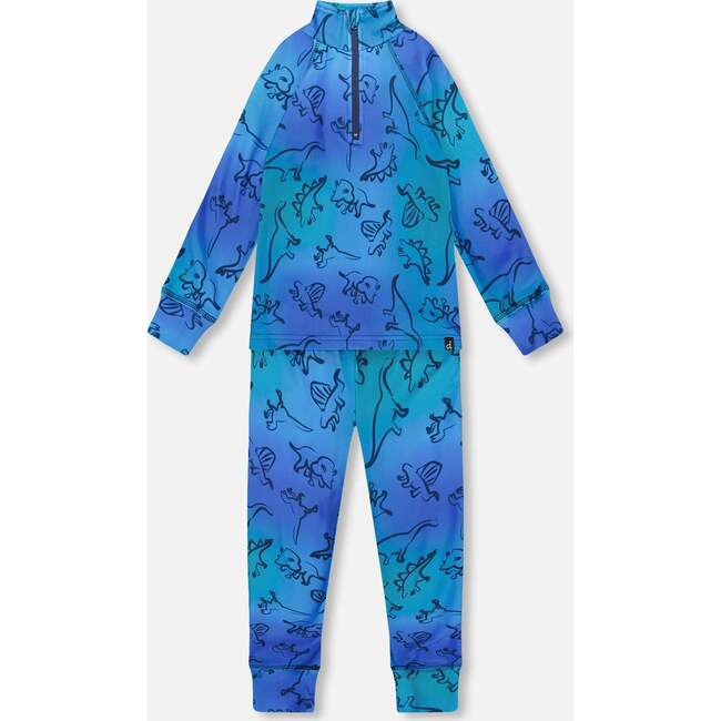 Two-Piece Thermal Underwear Set, Blue Gradient Dinosaur Print