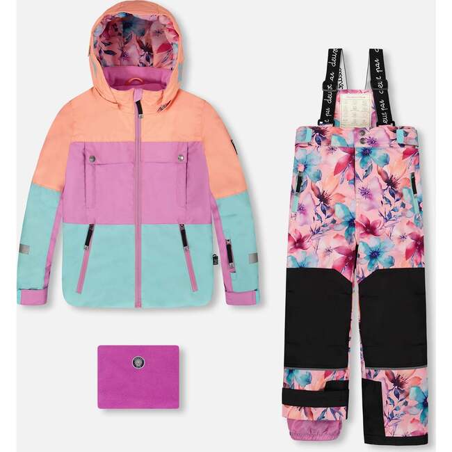 Two-Piece Teknik Snowsuit with Colorblocked Jacket, Pink Watercolor Flower Print