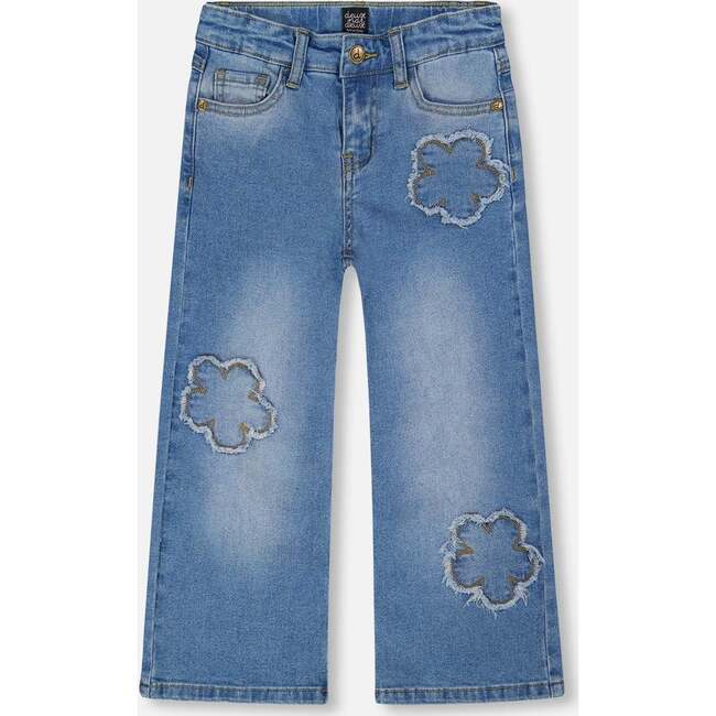 Wide Leg Stretch Jeans with Flower Stitching, Light Blue Denim