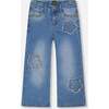 Wide Leg Stretch Jeans with Flower Stitching, Light Blue Denim - Jeans - 1 - thumbnail