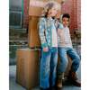 Wide Leg Stretch Jeans with Flower Stitching, Light Blue Denim - Jeans - 2