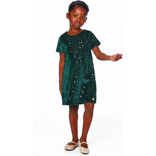 Velvet Short Sleeve Dress, Forest Green - Dresses - 2