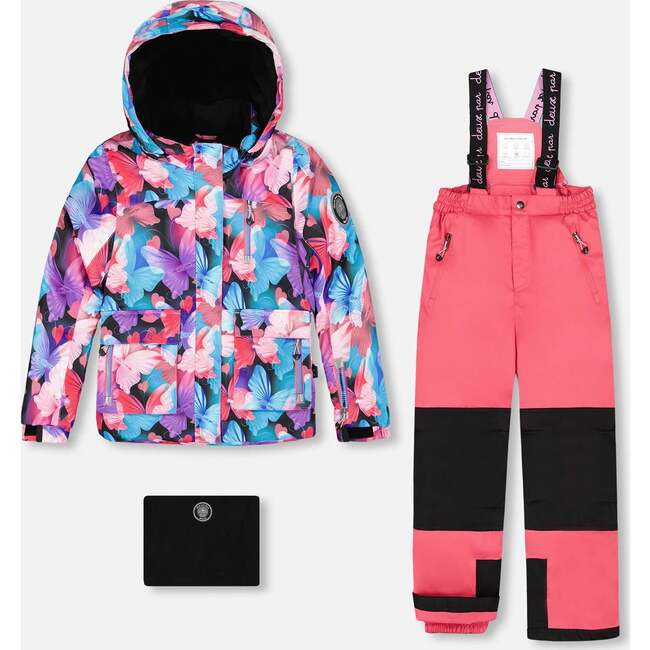 Two-Piece Play Snowsuit with Butterfly Print Jacket, Flash Coral