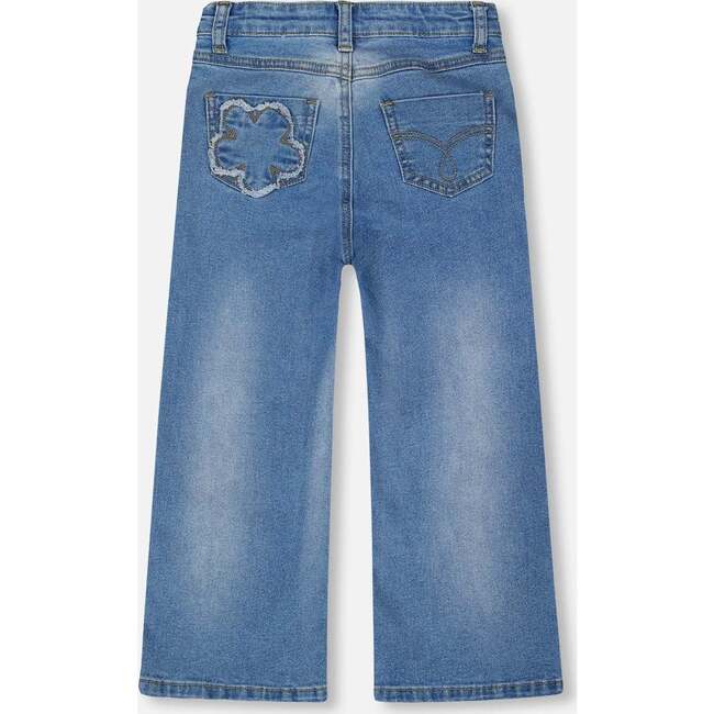 Wide Leg Stretch Jeans with Flower Stitching, Light Blue Denim - Jeans - 4