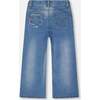 Wide Leg Stretch Jeans with Flower Stitching, Light Blue Denim - Jeans - 4