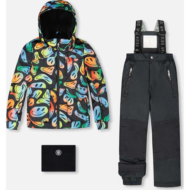 Two-Piece Play Snowsuit with Allover Print Jacket Smiley Face, Black